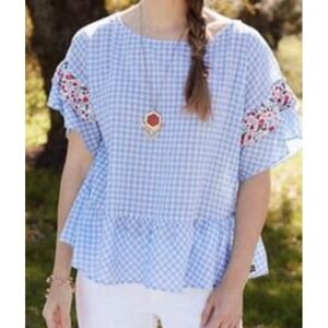 Matilda Jane XS Rural Route Gingham Floral Peplum Top Blue White Boho Peasant
